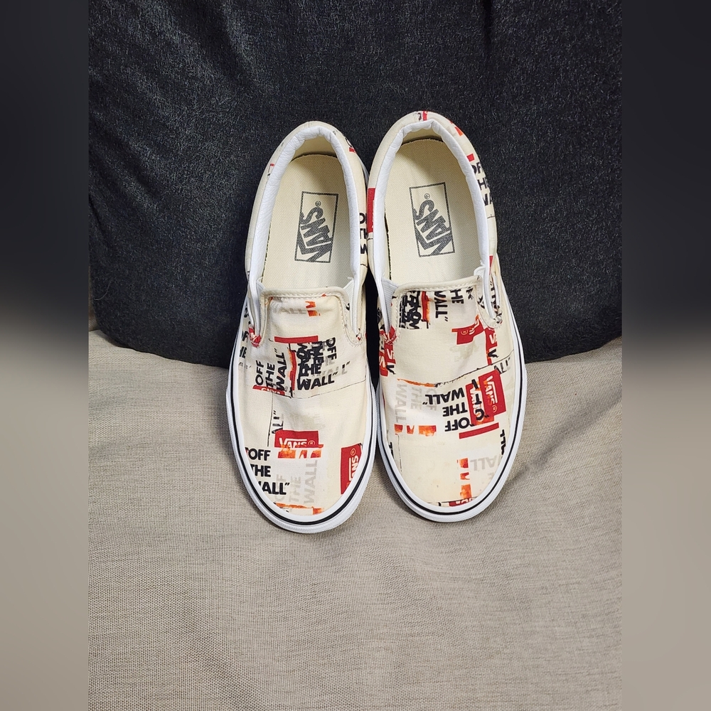Vans Classic Slip-On -Packing Tape -Off White/Red/Black -Canvas Shoes SIZE 8
